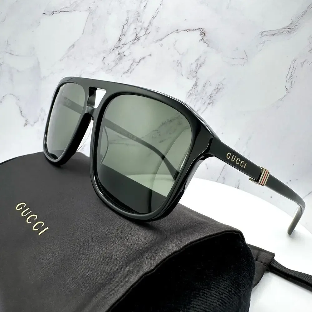 New GUCCI Sunglasses Black Aviator Pilot Gold Logo Metal Red Green Web Gucci